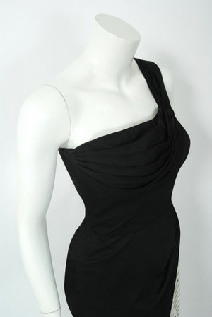 1950's Alix of Miami Crane Bird Novelty Applique Black Cotton One-Shoulder Dress