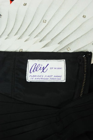 1950's Alix of Miami Crane Bird Novelty Applique Black Cotton One-Shoulder Dress