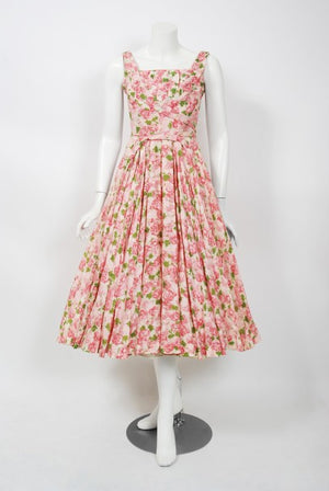 1950's Ceil Chapman Pink Carnations Floral Print Cotton Pleated Full-Skirt Dress