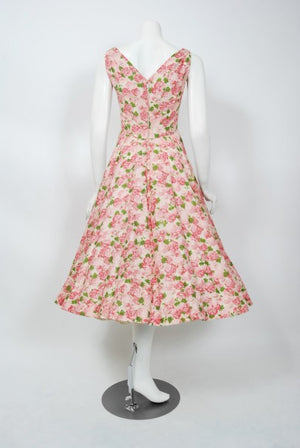 1950's Ceil Chapman Pink Carnations Floral Print Cotton Pleated Full-Skirt Dress