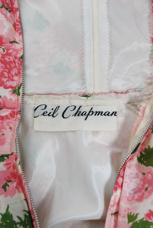1950's Ceil Chapman Pink Carnations Floral Print Cotton Pleated Full-Skirt Dress