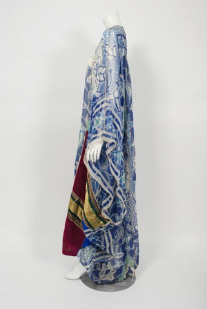 1975 Thea Porter Couture Documented Bohemian Patchwork Silk Abaya Caftan Dress