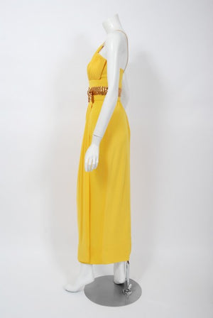 1970's Jacques Cassia Couture Yellow Jersey & Metal Draped Dress