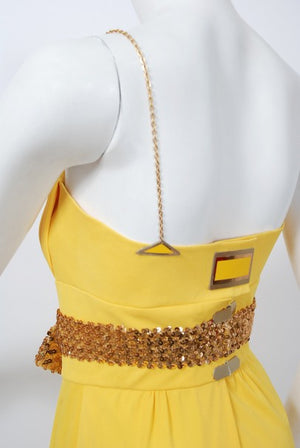 1970's Jacques Cassia Couture Yellow Jersey & Metal Draped Dress