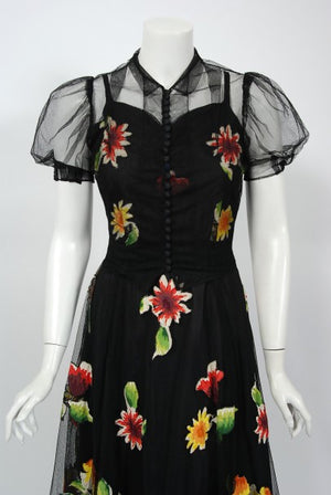 1930's Rainbow Floral Applique Silk & Sheer Net-Tulle Puff Sleeve Gown Ensemble