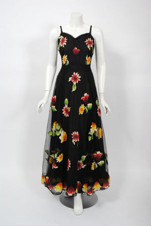 1930's Rainbow Floral Applique Silk & Sheer Net-Tulle Puff Sleeve Gown Ensemble