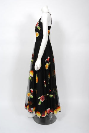 1930's Rainbow Floral Applique Silk & Sheer Net-Tulle Puff Sleeve Gown Ensemble