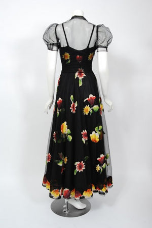 1930's Rainbow Floral Applique Silk & Sheer Net-Tulle Puff Sleeve Gown Ensemble