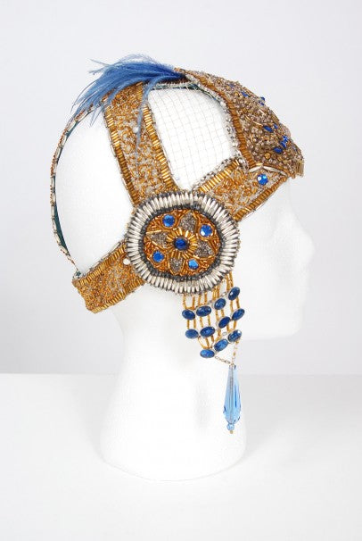 1920's French Couture Gold Beaded Blue Jeweled Flapper Headpiece