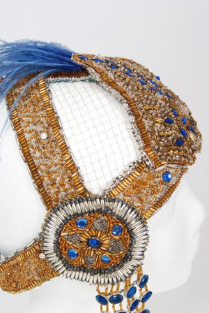 1920's French Couture Gold Beaded Blue Jeweled Flapper Headpiece