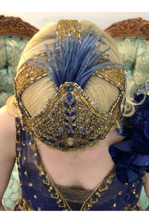 1920's French Couture Gold Beaded Blue Jeweled Flapper Headpiece