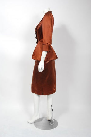 1946 Balenciaga Haute Couture Copper Satin Tailored Peplum Jacket and Skirt Suit