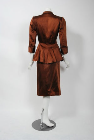 1946 Balenciaga Haute Couture Copper Satin Tailored Peplum Jacket and Skirt Suit