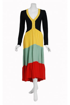 1971 Ossie Clark Couture Traffic Light Block-Color Tiered Crepe Plunge Dress
