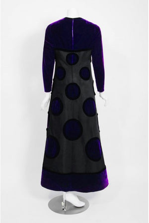 1970 Pierre Balmain Haute-Couture Purple Velvet Graphic Mod Evening Gown & Cape