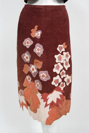 1970's Eavis & Brown Patchwork Leather Floral Applique Bohemian Skirt set
