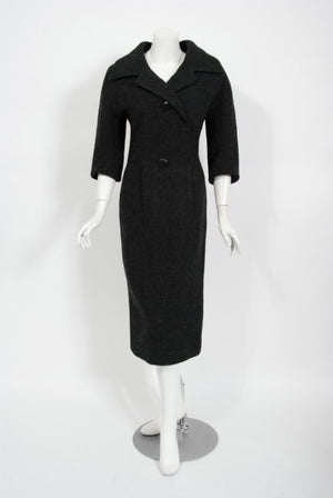 1955 Christian Dior Haute Couture Documented Charcoal-Gray Wool Sheath Dress