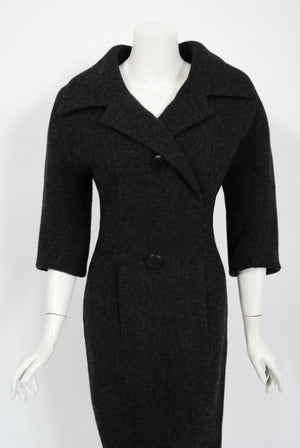 1955 Christian Dior Haute Couture Documented Charcoal-Gray Wool Sheath Dress