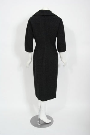 1955 Christian Dior Haute Couture Documented Charcoal-Gray Wool Sheath Dress