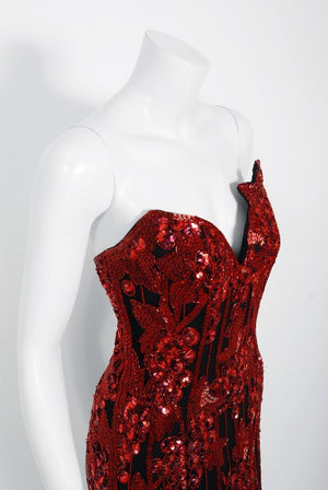 1993 Bob Mackie Red Grapevines Beaded Sequin Silk Strapless Hourglass Slit Gown