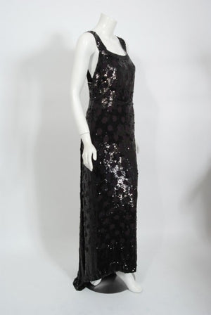 1930's Henri Bendel Couture Purple Silk & Black Sequin Deco-Dots Trained Gown