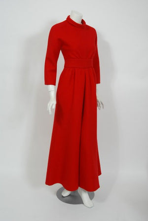 1967 Nina Ricci Haute Couture Ruby Red Wool Full-Length Mod Dress Jumpsuit