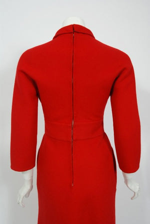 1967 Nina Ricci Haute Couture Ruby Red Wool Full-Length Mod Dress Jumpsuit