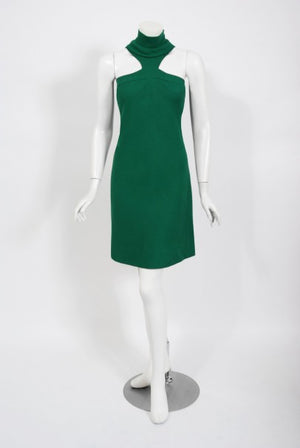 1966 Pierre Cardin Haute Couture Documented Green Crepe Turtleneck Mod Dress