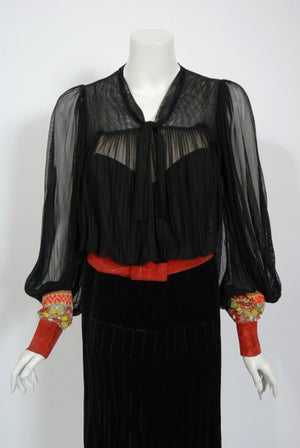 1935 House of Worth Couture Beaded Velvet & Silk Illusion Belted Dress