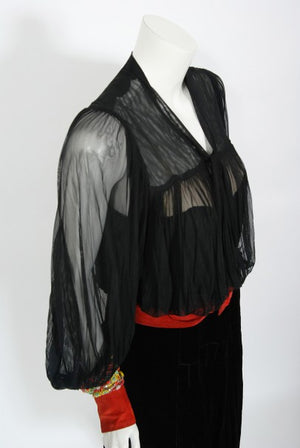 1935 House of Worth Couture Beaded Velvet & Silk Illusion Belted Dress