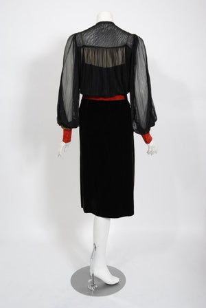 1935 House of Worth Couture Beaded Velvet & Silk Illusion Belted Dress