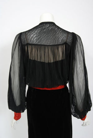 1935 House of Worth Couture Beaded Velvet & Silk Illusion Belted Dress