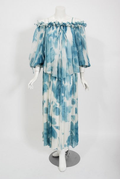 1970's Sant' Angelo Blue Cloud Print Chiffon Dress & Off-Shoulder Blouse