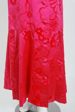 1970 Mainbocher Couture Pink Flocked Silk Hourglass Mermaid Dress
