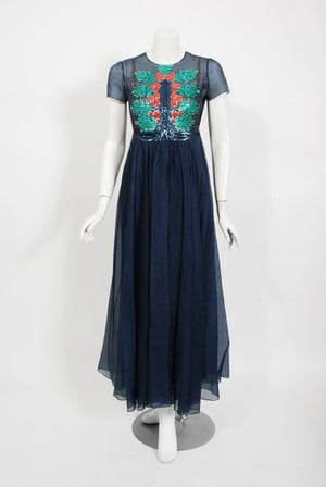 1968 Madame Grès Haute Couture Beaded Holly Berry Motif Silk Gown