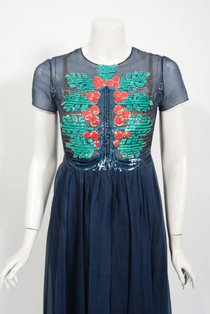 1968 Madame Grès Haute Couture Beaded Holly Berry Motif Silk Gown