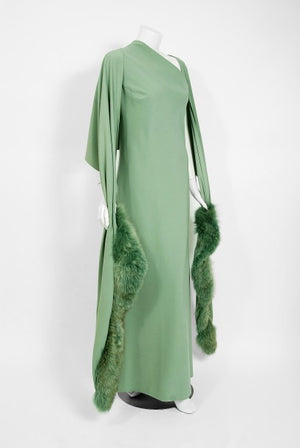 1960s Pauline Trigere Seafoam Green Crepe One-Shoulder Bias Cut Gown / Fur Wrap