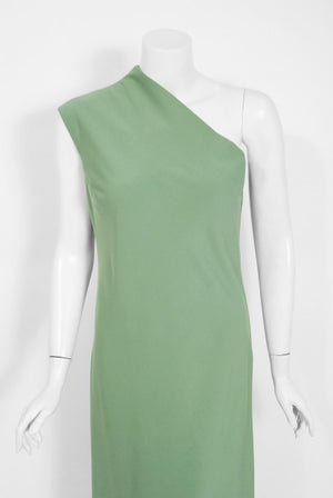 1960s Pauline Trigere Seafoam Green Crepe One-Shoulder Bias Cut Gown / Fur Wrap