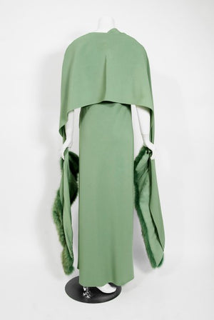 1960s Pauline Trigere Seafoam Green Crepe One-Shoulder Bias Cut Gown / Fur Wrap