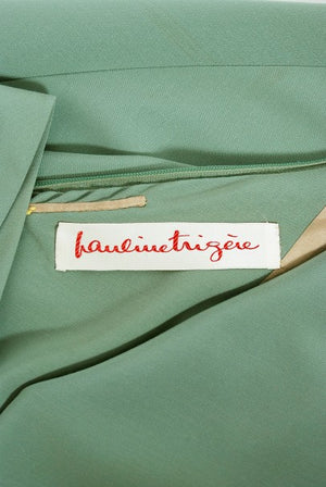 1960s Pauline Trigere Seafoam Green Crepe One-Shoulder Bias Cut Gown / Fur Wrap
