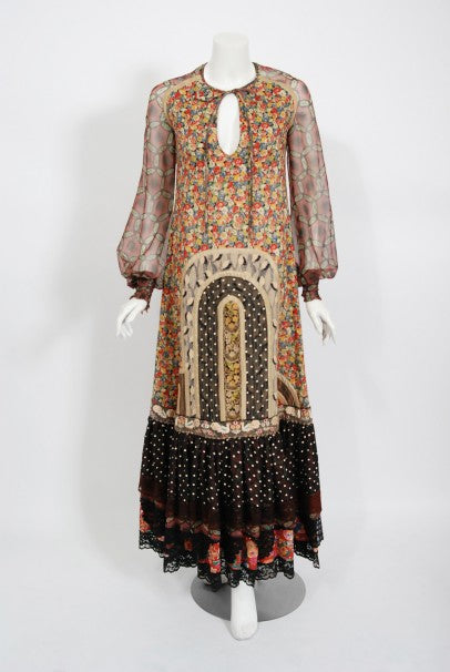 1975 Koos Van Den Akker Patchwork Cotton Silk Billow-Sleeve Bohemian Maxi Dress