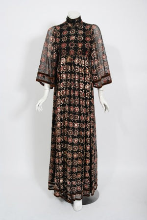 1970 Thea Porter Couture Metallic Embroidered Silk Chiffon Flutter-Sleeve Dress