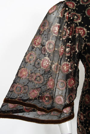 1970 Thea Porter Couture Metallic Embroidered Silk Chiffon Flutter-Sleeve Dress