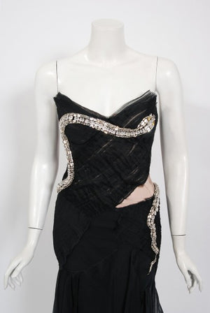 2004 Gucci by Tom Ford Runway Black Silk Crystal-Snake Strapless Dress