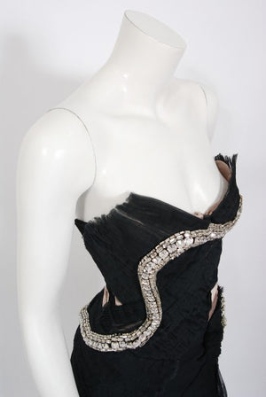 2004 Gucci by Tom Ford Runway Black Silk Crystal-Snake Strapless Dress