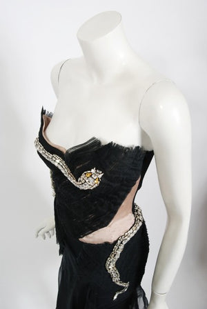 2004 Gucci by Tom Ford Runway Black Silk Crystal-Snake Strapless Dress