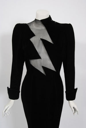 1989 Thierry Mugler Runway Black Velvet Lightning Bolt Sheer Illusion Dress