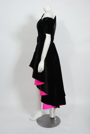 1991 Thierry Mugler Runway Black Velvet Fuchsia-Pink Silk Sculpted High Low Gown
