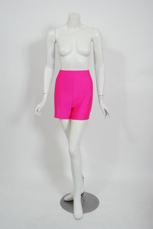 1991 Thierry Mugler Runway Black Velvet Fuchsia-Pink Silk Sculpted High Low Gown