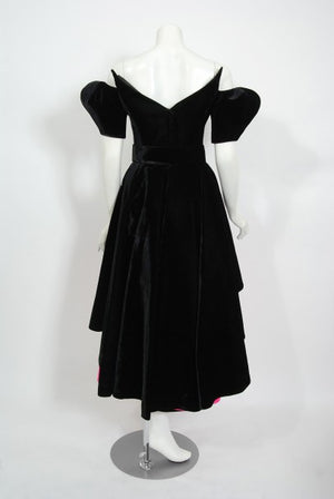 1991 Thierry Mugler Runway Black Velvet Fuchsia-Pink Silk Sculpted High Low Gown